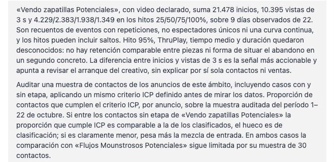 El Científico de ventas lee la retención de un anuncio de video: inicios, vistas de 3 segundos e hitos de 25, 50, 75 y 100%, y explica sus límites