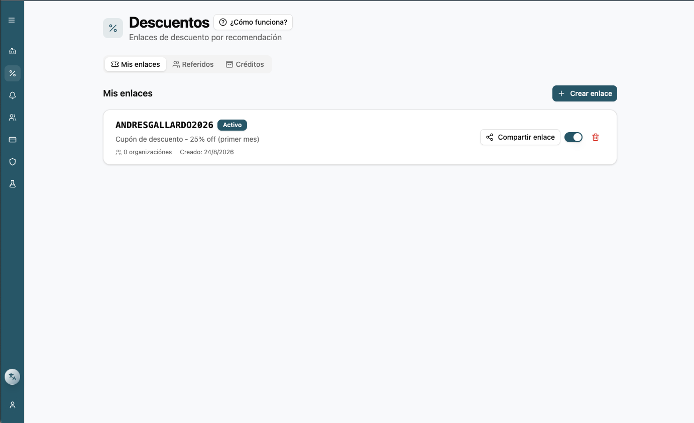 Pantalla de Descuentos de Sprinta con un enlace de recomendación activo, las secciones de referidos y créditos, y el botón para compartir el enlace.