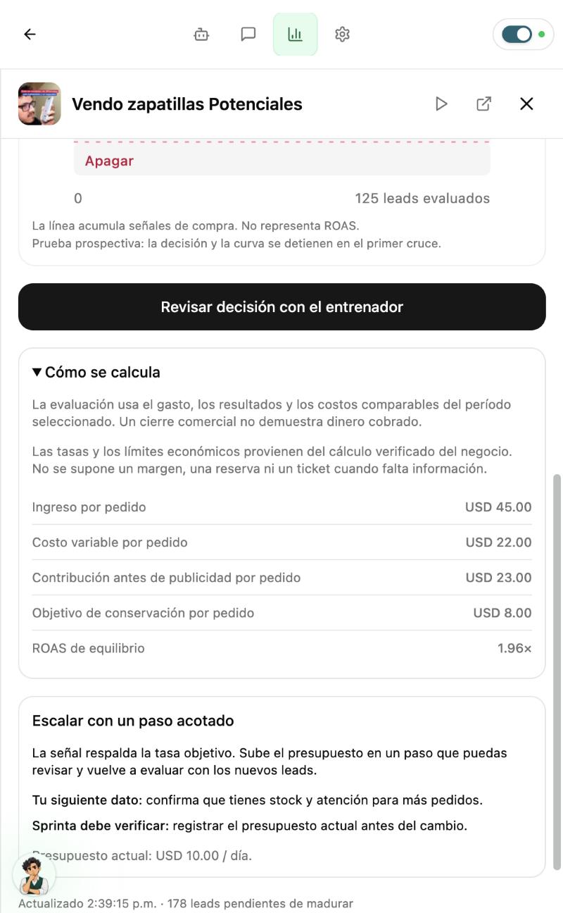 Cómo se calcula en Sprinta: ingreso, costo variable y contribución por pedido, objetivo de conservación y ROAS de equilibrio